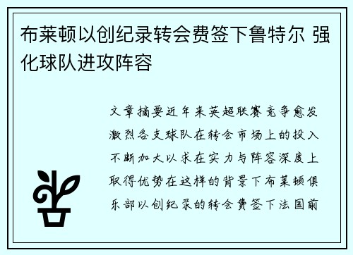 布莱顿以创纪录转会费签下鲁特尔 强化球队进攻阵容 布莱顿以创纪录转会费签下鲁特尔 强化球队进攻阵容